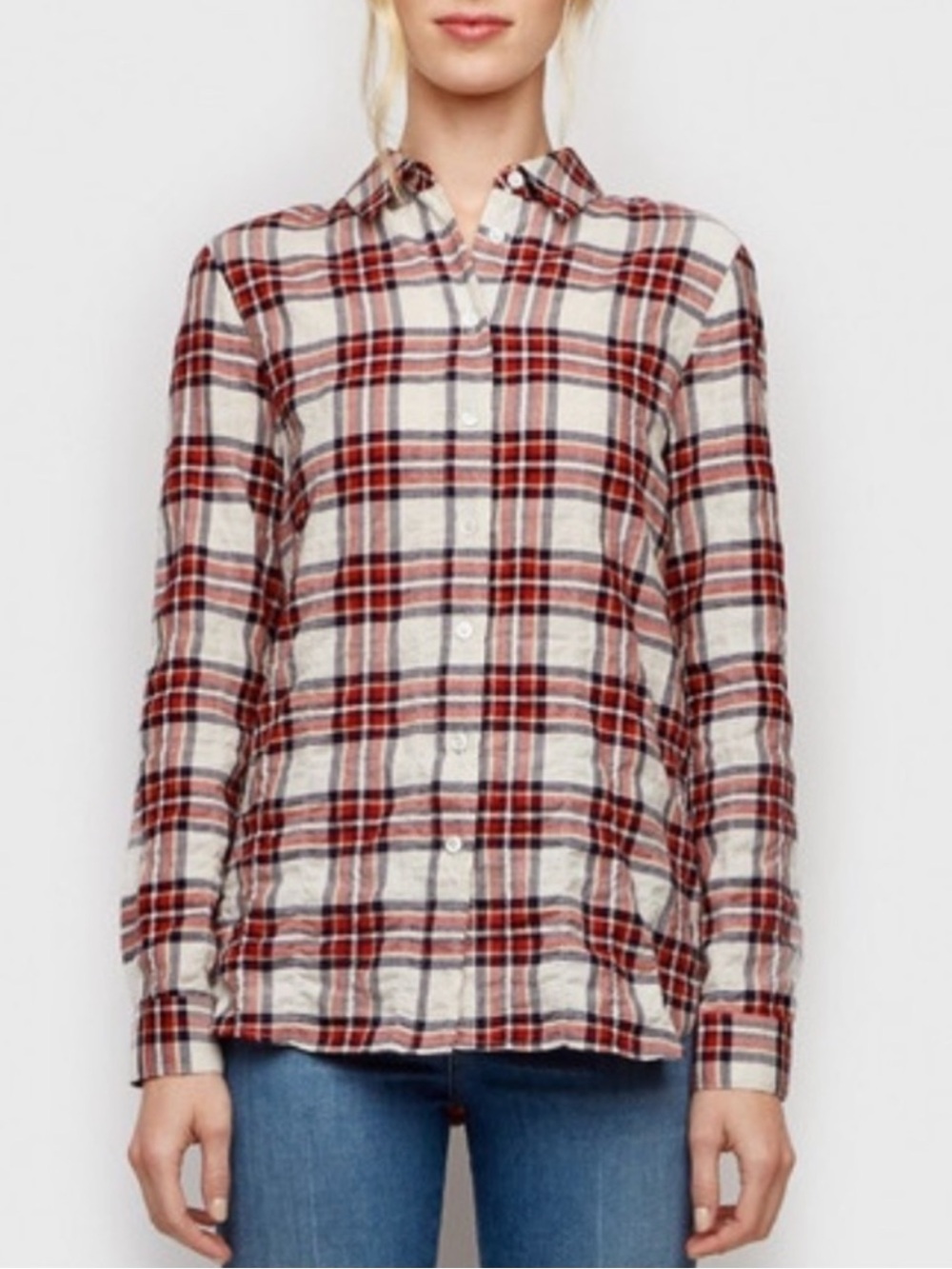 Jenni Kayne SEQUOIA Red Navy Plaid Flannel Button Down Cozy Shirt Size XS